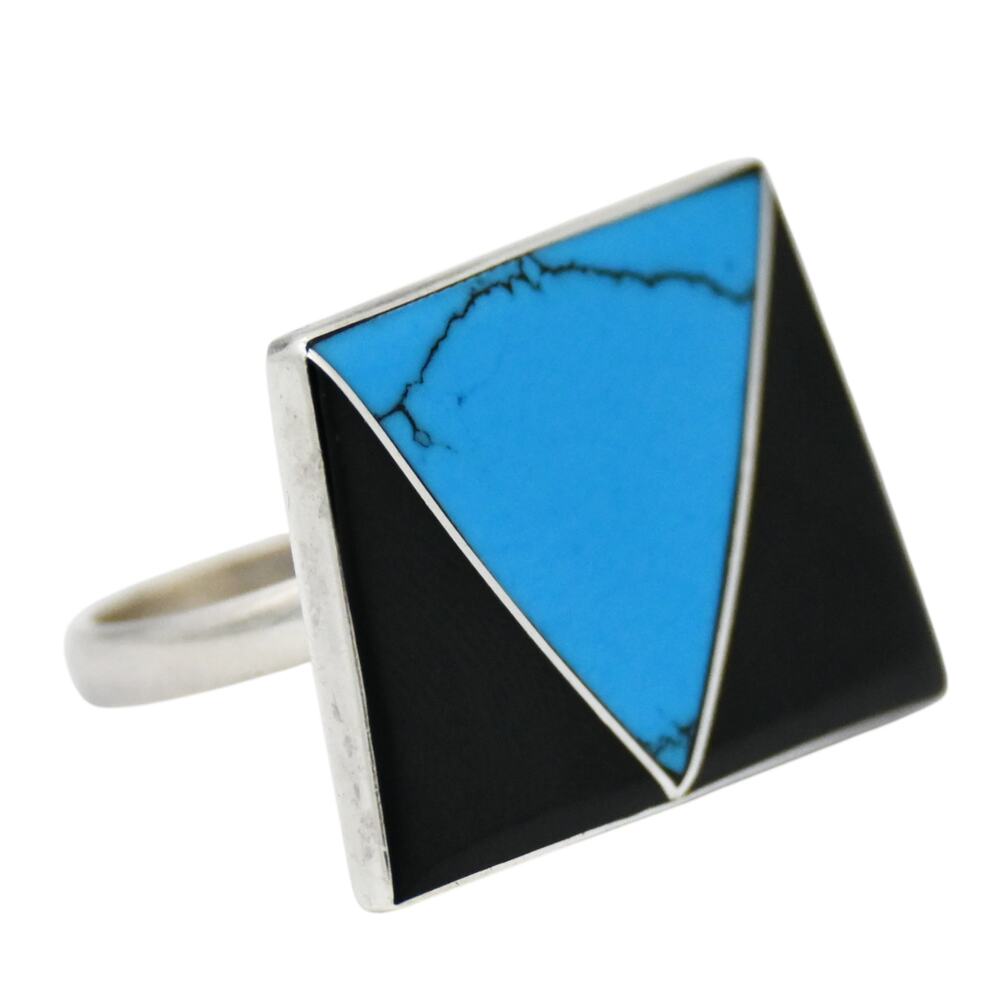 Sterling Silver Turquoise & Onyx Inlay Ring Size 8.25 Mexico
